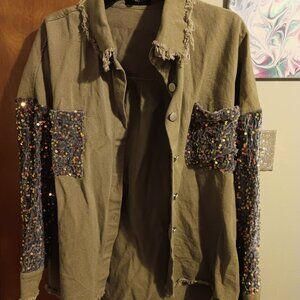 ChicMe Khaki Patchwork Sequins Jean Shacket with Distressed Hem Size Large